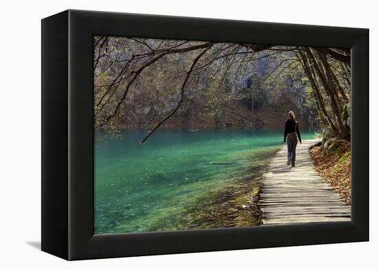 Visitor on Wooden Walkway Path over Crystal Clear Waters of Plitvice Lakes National Park-Simon Montgomery-Framed Premier Image Canvas