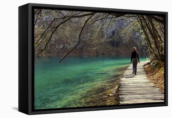 Visitor on Wooden Walkway Path over Crystal Clear Waters of Plitvice Lakes National Park-Simon Montgomery-Framed Premier Image Canvas