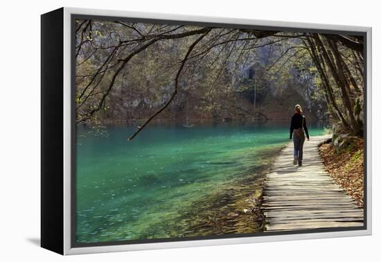 Visitor on Wooden Walkway Path over Crystal Clear Waters of Plitvice Lakes National Park-Simon Montgomery-Framed Premier Image Canvas