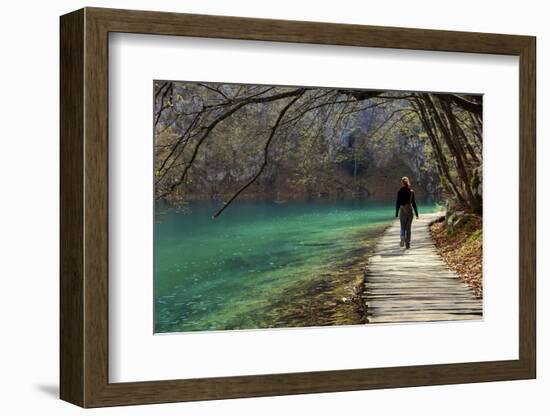 Visitor on Wooden Walkway Path over Crystal Clear Waters of Plitvice Lakes National Park-Simon Montgomery-Framed Photographic Print