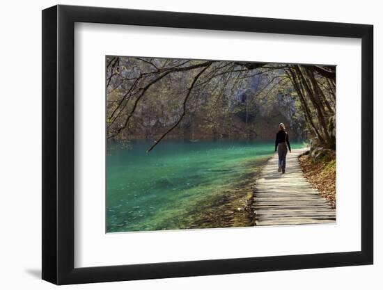 Visitor on Wooden Walkway Path over Crystal Clear Waters of Plitvice Lakes National Park-Simon Montgomery-Framed Photographic Print