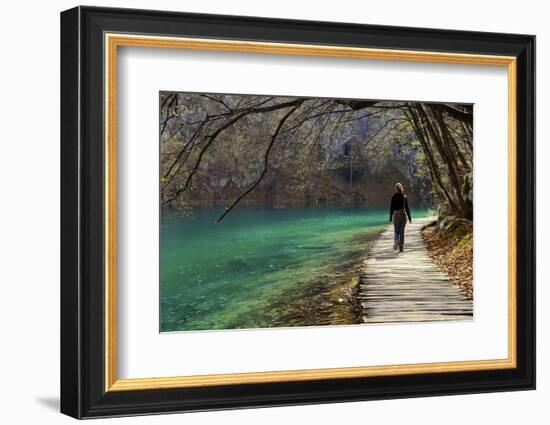 Visitor on Wooden Walkway Path over Crystal Clear Waters of Plitvice Lakes National Park-Simon Montgomery-Framed Photographic Print