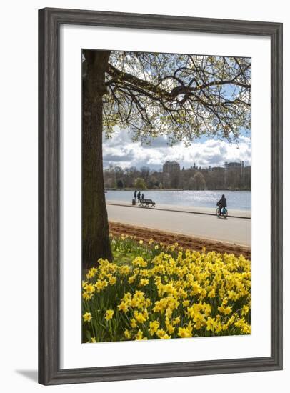 Visitors Walking Along the Serpentine with Daffodils in the Foreground, Hyde Park, London, England-Charlie Harding-Framed Photographic Print