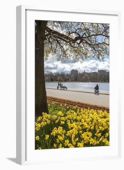 Visitors Walking Along the Serpentine with Daffodils in the Foreground, Hyde Park, London, England-Charlie Harding-Framed Photographic Print