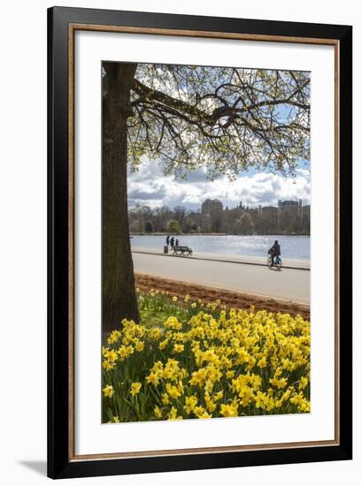 Visitors Walking Along the Serpentine with Daffodils in the Foreground, Hyde Park, London, England-Charlie Harding-Framed Photographic Print