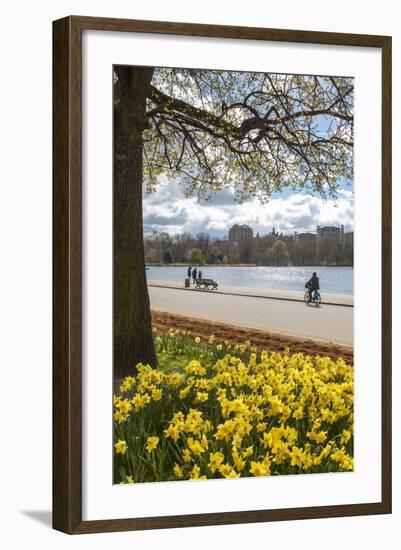 Visitors Walking Along the Serpentine with Daffodils in the Foreground, Hyde Park, London, England-Charlie Harding-Framed Photographic Print