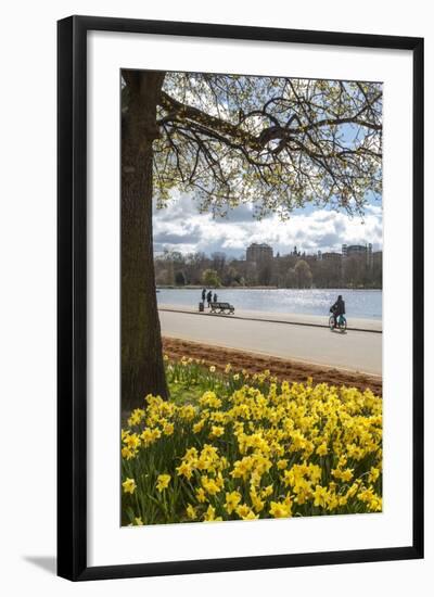 Visitors Walking Along the Serpentine with Daffodils in the Foreground, Hyde Park, London, England-Charlie Harding-Framed Photographic Print