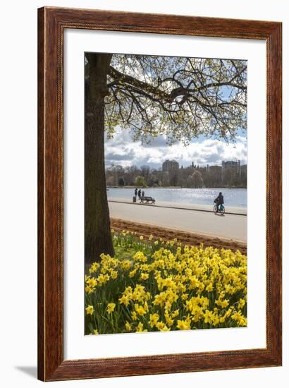 Visitors Walking Along the Serpentine with Daffodils in the Foreground, Hyde Park, London, England-Charlie Harding-Framed Photographic Print