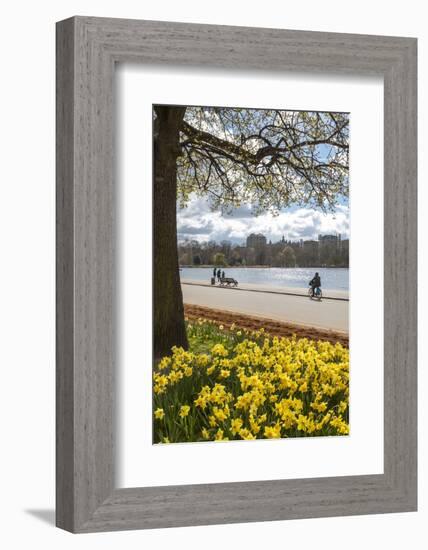 Visitors Walking Along the Serpentine with Daffodils in the Foreground, Hyde Park, London, England-Charlie Harding-Framed Photographic Print