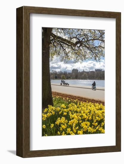 Visitors Walking Along the Serpentine with Daffodils in the Foreground, Hyde Park, London, England-Charlie Harding-Framed Photographic Print