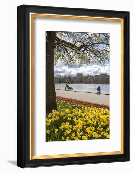 Visitors Walking Along the Serpentine with Daffodils in the Foreground, Hyde Park, London, England-Charlie Harding-Framed Photographic Print