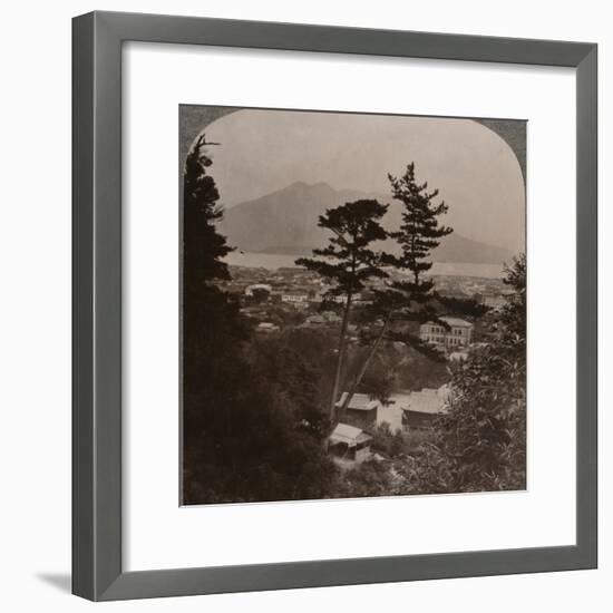 'Vista from hills above Kagoshima over Lake to distant Sakurajima volcano, Japan', 1904-Unknown-Framed Photographic Print