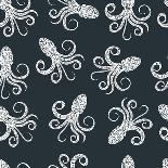 Vintage Seamless Pattern with Typography Monochrome Octopus Silhouette, and Hand Drawn Style Font.-Vitaliy Zuyenko-Art Print