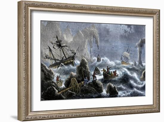 Vitus Bering's Russian Expedition Ships Wrecked Upon the Aleutian Isles, c.1741-null-Framed Giclee Print