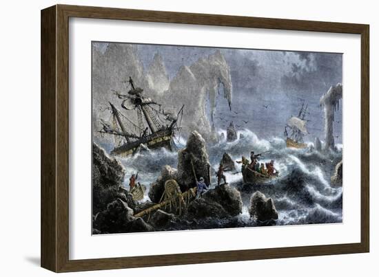 Vitus Bering's Russian Expedition Ships Wrecked Upon the Aleutian Isles, c.1741-null-Framed Giclee Print