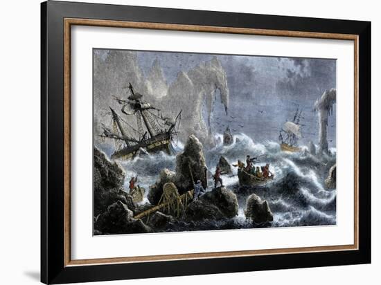 Vitus Bering's Russian Expedition Ships Wrecked Upon the Aleutian Isles, c.1741-null-Framed Giclee Print