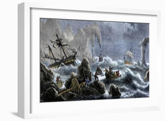 Vitus Bering's Russian Expedition Ships Wrecked Upon the Aleutian Isles, c.1741-null-Framed Giclee Print