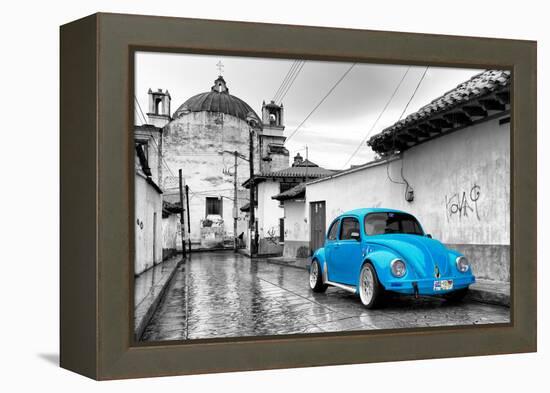 ¡Viva Mexico! B&W Collection - Blue VW Beetle Car in San Cristobal de Las Casas-Philippe Hugonnard-Framed Premier Image Canvas