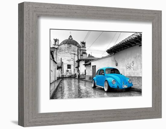 ¡Viva Mexico! B&W Collection - Blue VW Beetle Car in San Cristobal de Las Casas-Philippe Hugonnard-Framed Photographic Print