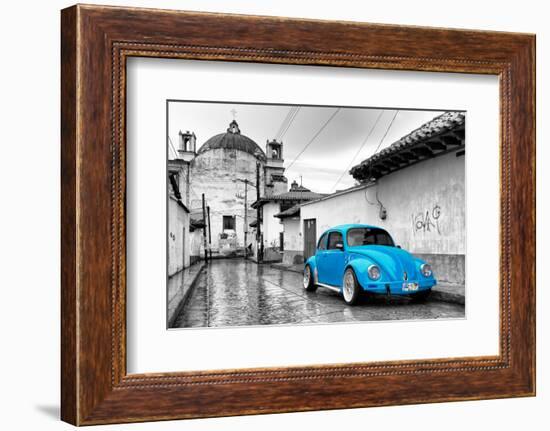 ¡Viva Mexico! B&W Collection - Blue VW Beetle Car in San Cristobal de Las Casas-Philippe Hugonnard-Framed Photographic Print