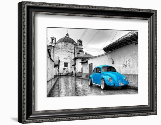 ¡Viva Mexico! B&W Collection - Blue VW Beetle Car in San Cristobal de Las Casas-Philippe Hugonnard-Framed Photographic Print