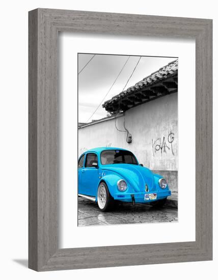¡Viva Mexico! B&W Collection - Blue VW Beetle in San Cristobal de Las Casas-Philippe Hugonnard-Framed Photographic Print
