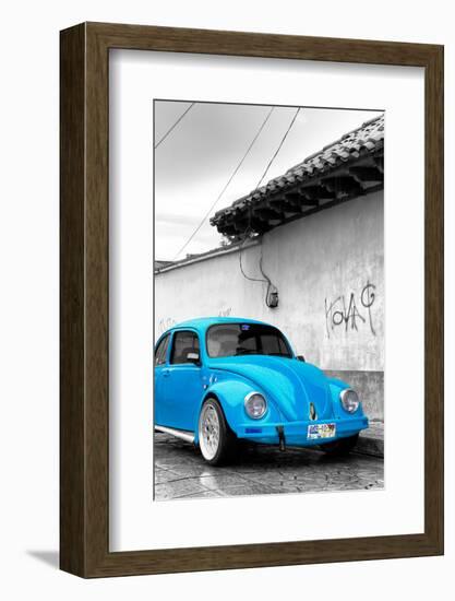 ¡Viva Mexico! B&W Collection - Blue VW Beetle in San Cristobal de Las Casas-Philippe Hugonnard-Framed Photographic Print