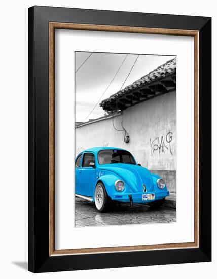 ¡Viva Mexico! B&W Collection - Blue VW Beetle in San Cristobal de Las Casas-Philippe Hugonnard-Framed Photographic Print