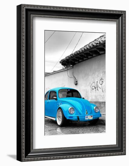 ¡Viva Mexico! B&W Collection - Blue VW Beetle in San Cristobal de Las Casas-Philippe Hugonnard-Framed Photographic Print