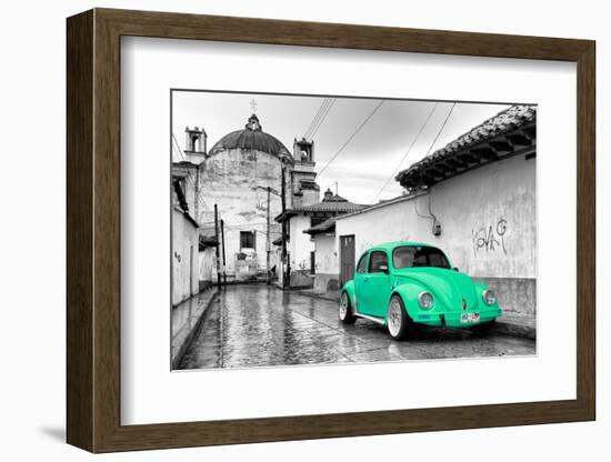 ¡Viva Mexico! B&W Collection - Green VW Beetle Car in San Cristobal de Las Casas-Philippe Hugonnard-Framed Photographic Print