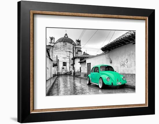 ¡Viva Mexico! B&W Collection - Green VW Beetle Car in San Cristobal de Las Casas-Philippe Hugonnard-Framed Photographic Print