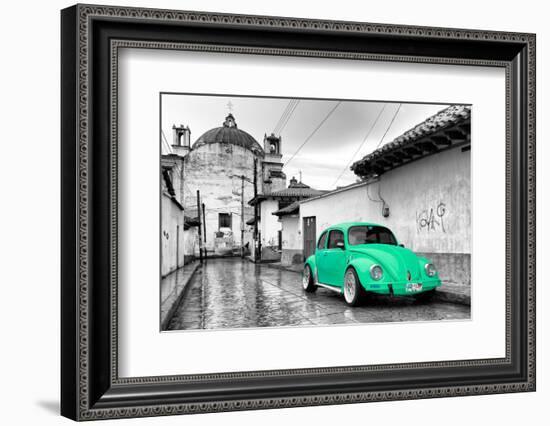 ¡Viva Mexico! B&W Collection - Green VW Beetle Car in San Cristobal de Las Casas-Philippe Hugonnard-Framed Photographic Print