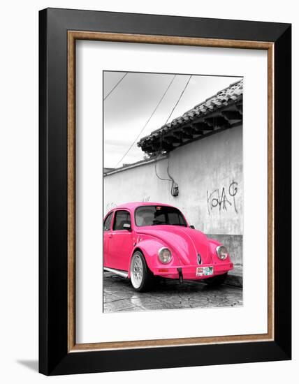 ¡Viva Mexico! B&W Collection - Hot Pink VW Beetle in San Cristobal de Las Casas-Philippe Hugonnard-Framed Photographic Print