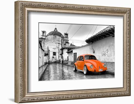 ¡Viva Mexico! B&W Collection - Orange VW Beetle Car in San Cristobal de Las Casas-Philippe Hugonnard-Framed Photographic Print