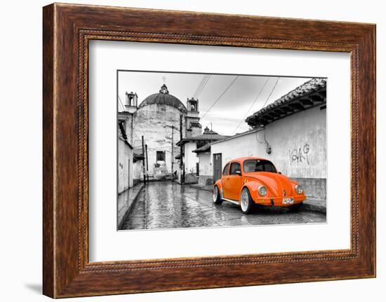 ¡Viva Mexico! B&W Collection - Orange VW Beetle Car in San Cristobal de Las Casas-Philippe Hugonnard-Framed Photographic Print