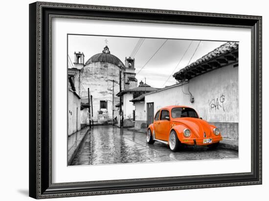 ¡Viva Mexico! B&W Collection - Orange VW Beetle Car in San Cristobal de Las Casas-Philippe Hugonnard-Framed Photographic Print