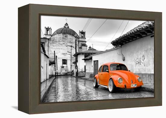 ¡Viva Mexico! B&W Collection - Orange VW Beetle Car in San Cristobal de Las Casas-Philippe Hugonnard-Framed Premier Image Canvas