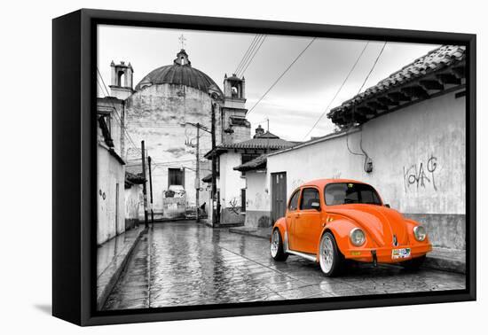 ¡Viva Mexico! B&W Collection - Orange VW Beetle Car in San Cristobal de Las Casas-Philippe Hugonnard-Framed Premier Image Canvas