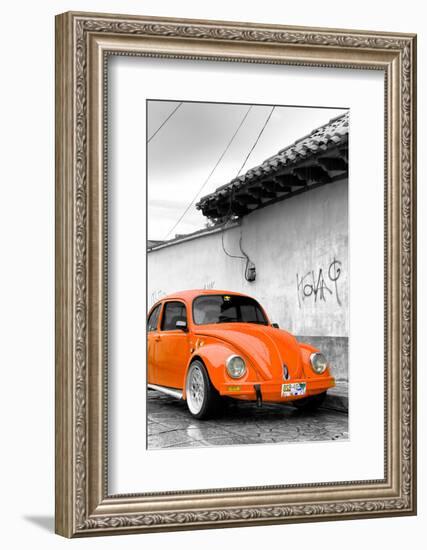 ¡Viva Mexico! B&W Collection - Orange VW Beetle in San Cristobal de Las Casas-Philippe Hugonnard-Framed Photographic Print