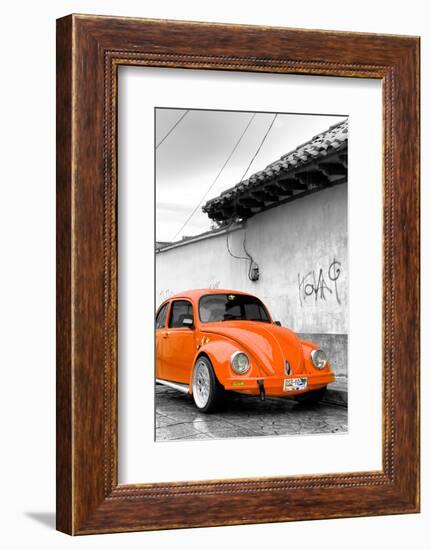 ¡Viva Mexico! B&W Collection - Orange VW Beetle in San Cristobal de Las Casas-Philippe Hugonnard-Framed Photographic Print