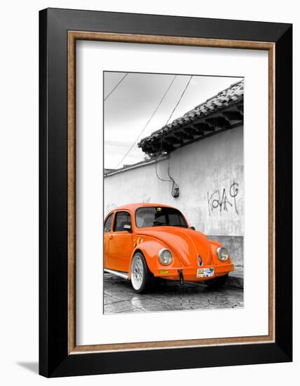 ¡Viva Mexico! B&W Collection - Orange VW Beetle in San Cristobal de Las Casas-Philippe Hugonnard-Framed Photographic Print