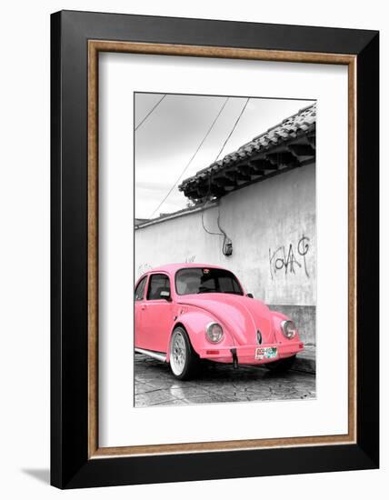 ¡Viva Mexico! B&W Collection - Pink VW Beetle in San Cristobal de Las Casas-Philippe Hugonnard-Framed Photographic Print