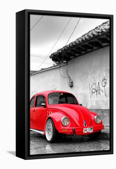 ¡Viva Mexico! B&W Collection - Red VW Beetle in San Cristobal de Las Casas-Philippe Hugonnard-Framed Premier Image Canvas