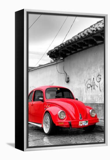 ¡Viva Mexico! B&W Collection - Red VW Beetle in San Cristobal de Las Casas-Philippe Hugonnard-Framed Premier Image Canvas