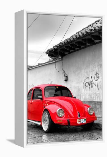 ¡Viva Mexico! B&W Collection - Red VW Beetle in San Cristobal de Las Casas-Philippe Hugonnard-Framed Premier Image Canvas