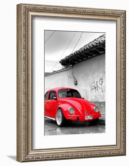 ¡Viva Mexico! B&W Collection - Red VW Beetle in San Cristobal de Las Casas-Philippe Hugonnard-Framed Photographic Print