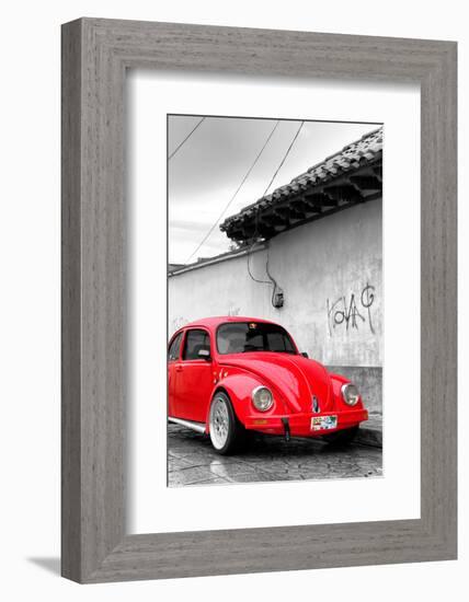 ¡Viva Mexico! B&W Collection - Red VW Beetle in San Cristobal de Las Casas-Philippe Hugonnard-Framed Photographic Print