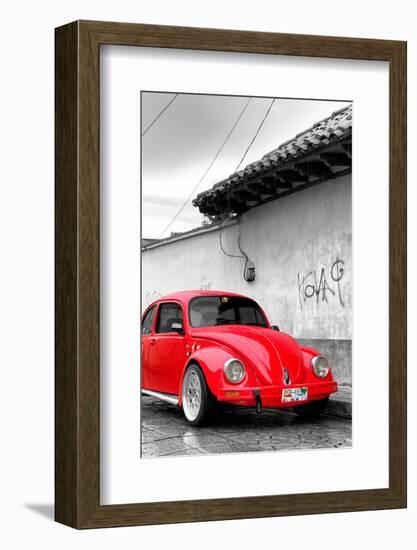 ¡Viva Mexico! B&W Collection - Red VW Beetle in San Cristobal de Las Casas-Philippe Hugonnard-Framed Photographic Print