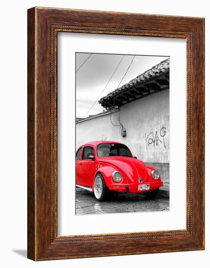 ¡Viva Mexico! B&W Collection - Red VW Beetle in San Cristobal de Las Casas-Philippe Hugonnard-Framed Photographic Print