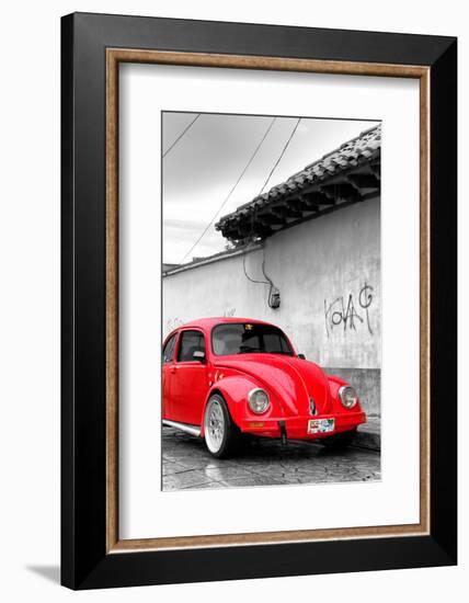 ¡Viva Mexico! B&W Collection - Red VW Beetle in San Cristobal de Las Casas-Philippe Hugonnard-Framed Photographic Print